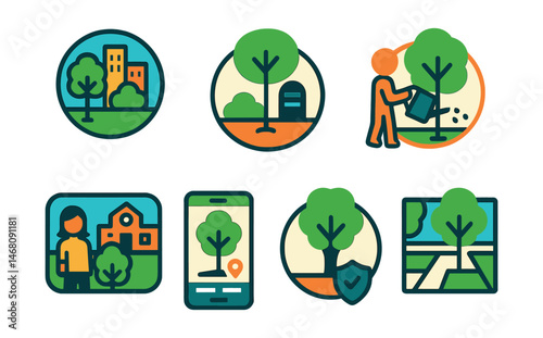 Flat vector icons of tree planting in cities: street tree planting badge, memorial tree program icon, school tree adoption projects, tree watering volunteers badge, urban tree inventory app, saving