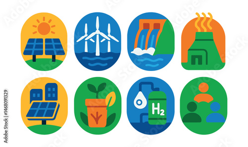 Flat vector icons of clean energy for the future: solar farm badge, offshore wind turbines project icon, small-scale hydroelectric station planner, geothermal energy school project badge, urban solar