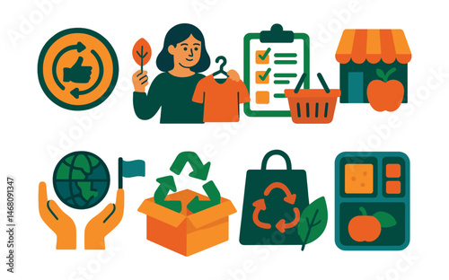 Flat vector icons of sustainable consumption: choosing second-hand badge, slow fashion awareness projects, mindful shopping planner badge, buy local food campaigns, supporting fair trade products