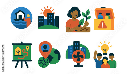 Flat vector icons of adapting to climate change: flood preparedness workshops badge, heat resilience in cities guide badge, drought-tolerant gardening education badge, preparing emergency kits for