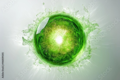 Green glowing energy sphere with radiant core and eco aura representing sustainable power and environmental energy, Generative AI