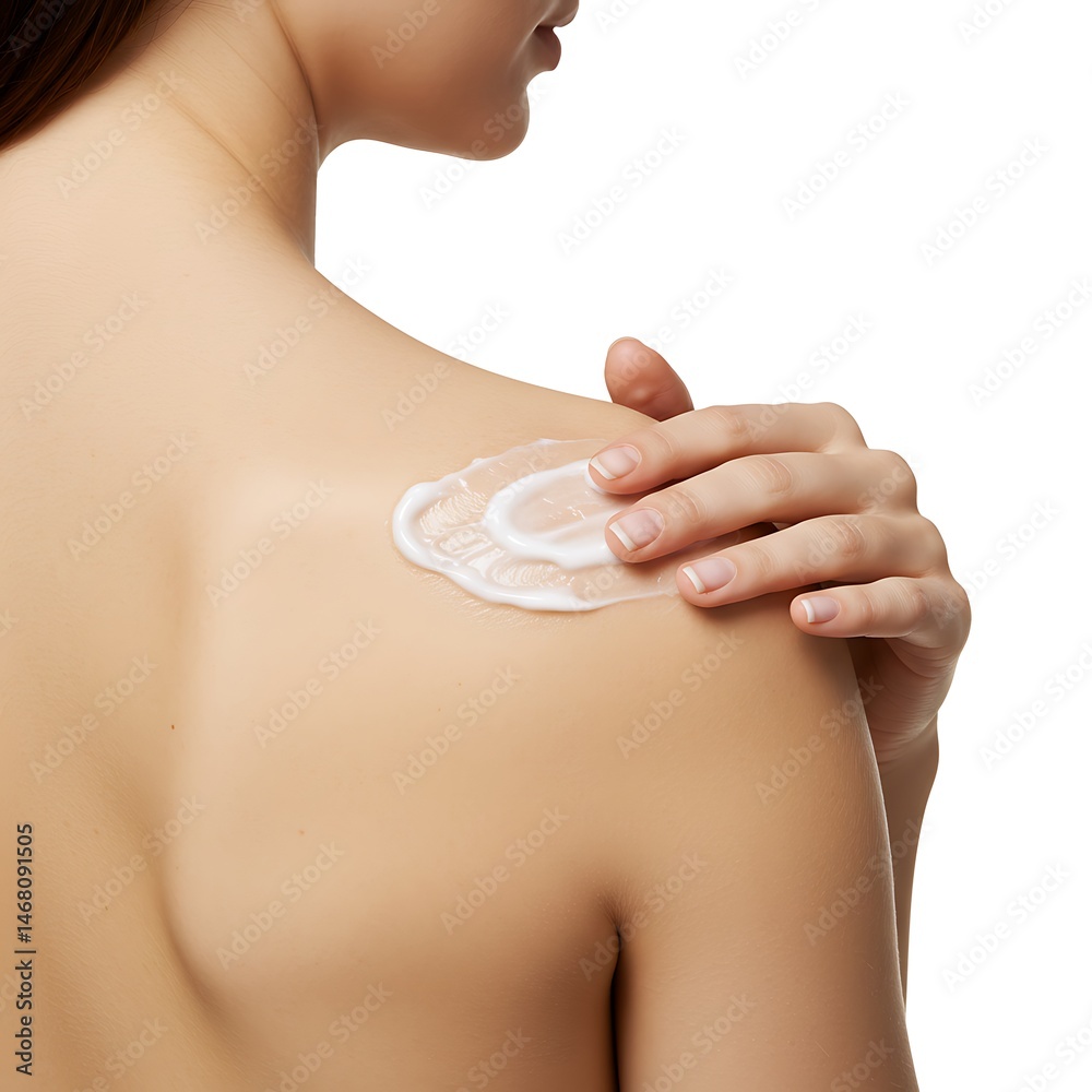 Fototapeta premium Woman applying lotion on her shoulder, beauty concept isolated on white background