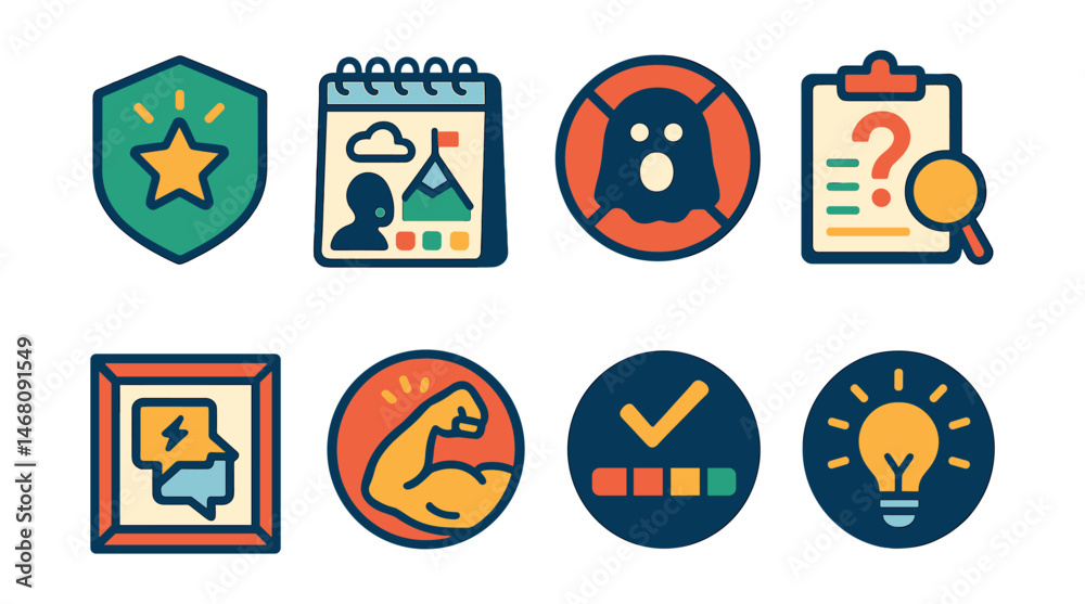 Flat vector icons of motivation management: personal motivation triggers badge, visualization exercises planner, overcoming fear of failure badge, finding personal “why” planner, motivational quotes Flat vector icons of motivation management: personal motivation triggers badge, visualization exercises planner, overcoming fear of failure badge, finding personal “why” planner, motivational quotes