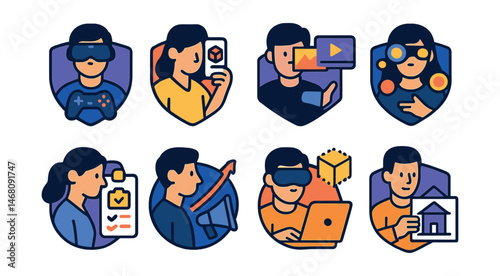 Flat vector icons of VR/AR professions: VR game developer badge, AR mobile app designer badge, mixed reality content creator badge, immersive experience designer badge, VR therapist planner, AR