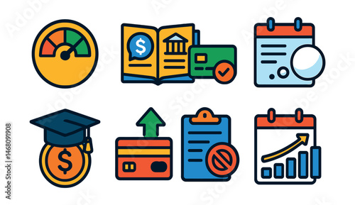 Flat vector icons of understanding credit and debt: credit score tracker badge, understanding loan basics guide, responsible credit card use badge, debt snowball repayment planner, student loan