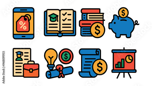 Flat vector icons of student finance management: student discounts tracking app badge, managing scholarship funds planner, budgeting for books and supplies badge, saving money in college badge,