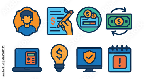 Flat vector icons of understanding taxes: tax basics for teens badge, preparing for first tax return guide, understanding paycheck deductions badge, learning about tax refunds badge, using free tax
