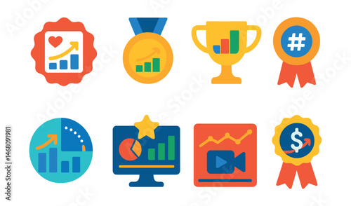 Flat vector icons of social media analytics: engagement rate chart badge, follower growth graph medal, top post insights trophy, hashtag performance ribbon, reach and impressions analysis badge,