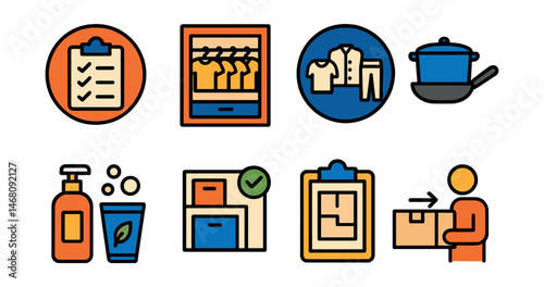 Flat vector icons of minimalism at home: decluttering checklist badge, minimalist wardrobe setup guide, capsule closet project badge, minimalist kitchen essentials badge, zero-waste bathroom products