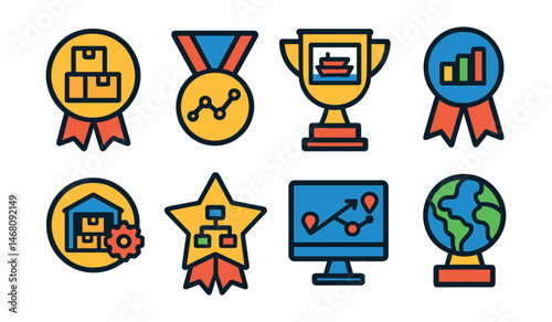 Flat vector icons of logistics and supply chain analytics: inventory turnover rate badge, supply chain efficiency graph medal, shipping performance dashboard trophy, order fulfillment insights ribbon