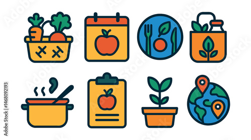 Flat vector icons of conscious food consumption: farmers market shopping badge, seasonal eating planner, plant-based meals promotion badge, zero-waste grocery habits badge, cooking at home challenge