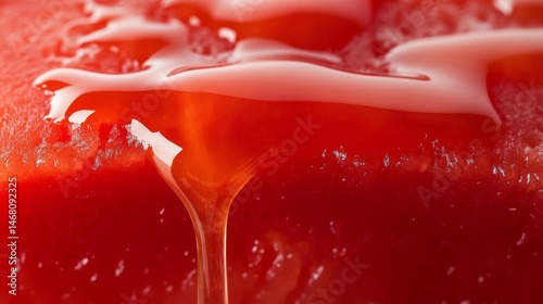Closeup of Red Glossy Sauce Dripping on Red Surface