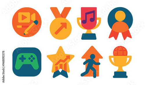 Flat vector icons of creative industry forecasts: content creation trend badge, streaming platform growth medal, virtual concert popularity trophy, independent artist market forecast ribbon, gaming