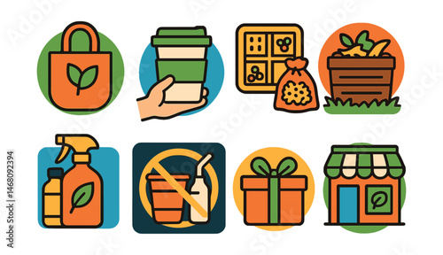 Flat vector icons of zero-waste lifestyle habits: reusable shopping bag habits badge, reusable coffee cup use guide, bulk buying planner badge, composting at home setup badge, DIY natural cleaning