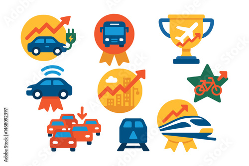 Flat vector icons of mobility and transport forecasts: electric vehicle market forecast badge, public transport usage trend medal, airline passenger growth prediction trophy, autonomous car adoption