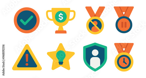 Flat vector icons of responsible betting: responsible gambling reminder badge, betting limit setting trophy, self-exclusion program medal, time-out feature ribbon, betting risk awareness badge, safe