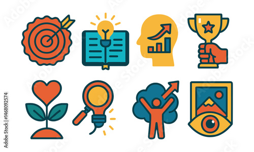 Flat vector icons of self-motivation strategies: setting inspiring goals badge, building personal vision planner, celebrating small milestones badge, visualization of success guide, cultivating