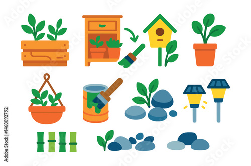 Flat vector icons of eco-decor ideas for balconies: using recycled wood planters badge, repurposing old furniture for gardens badge, DIY hanging planters badge, painting old containers badge,
