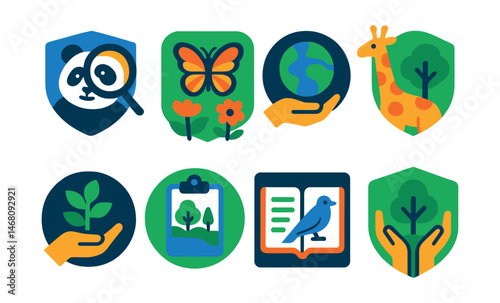 Flat vector icons of protecting biodiversity: learning about endangered species badge, building butterfly gardens badge, supporting conservation programs badge, visiting wildlife sanctuaries badge,