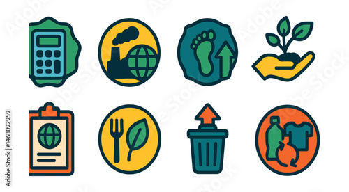 Flat vector icons of learning carbon footprint concepts: calculating personal carbon footprint badge, understanding emissions sources badge, tracking carbon savings badge, carbon offsetting