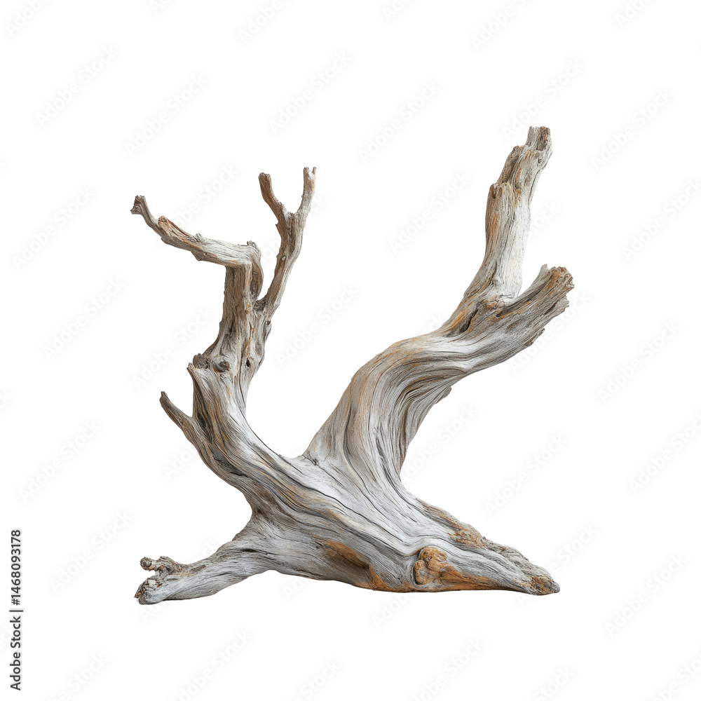 Fototapeta premium Intricate Driftwood Sculpture, Weathered Grey and Beige Wood, Isolated on Transparent Background