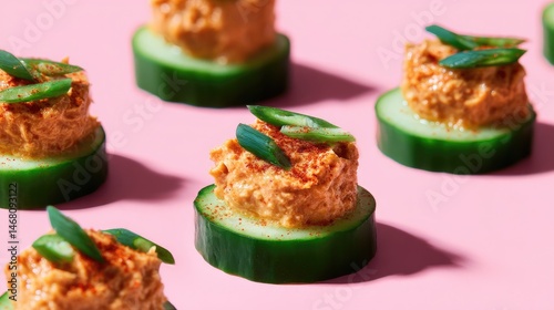 Wallpaper Mural Cucumber Bites Hummus Appetizers on Pink with Fresh, Healthy, and Party. Torontodigital.ca
