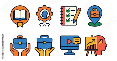 Flat vector icons of study habits for future careers: daily reading goals badge, practicing applied learning badge, organizing project-based study planner, setting internship exploration goals badge,