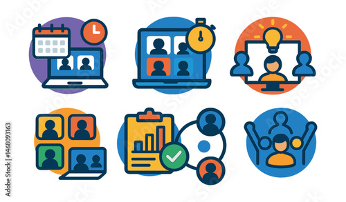 Flat vector icons of organizing online study groups: scheduling virtual group meetings badge, hosting online study marathons badge, brainstorming with remote peers badge, using collaboration