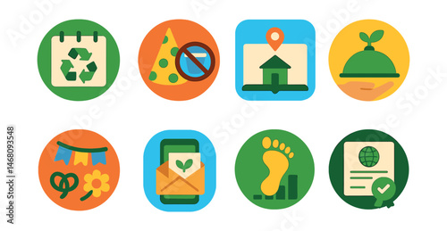 Flat vector icons of sustainable event planning: organizing zero-waste events badge, hosting plastic-free parties badge, choosing eco venues planner, supporting green catering services badge,