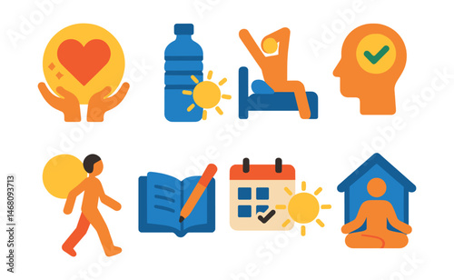 Flat vector icons of starting wellness morning routines: practicing morning gratitude badge, hydrating first thing badge, stretching upon waking badge, setting daily positive intentions badge, taking