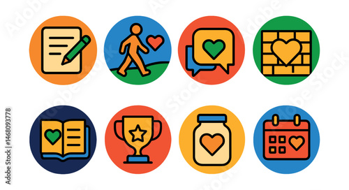 Flat vector icons of practicing gratitude rituals: writing daily gratitude notes badge, practicing gratitude walks badge, sharing gratitude stories badge, building gratitude walls badge, tracking