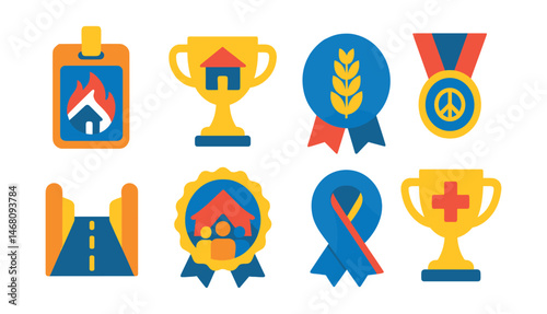 Flat vector icons of humanitarian rights: disaster relief access badge, emergency shelter rights trophy, food aid guarantee medal, conflict zone protection ribbon, humanitarian corridor icon,