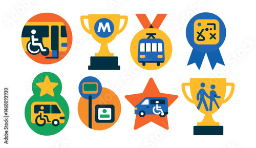 Flat vector icons of inclusive transportation: wheelchair lift in bus badge, accessible metro station trophy, low-floor tram medal, tactile map for navigation ribbon, inclusive ride-sharing option