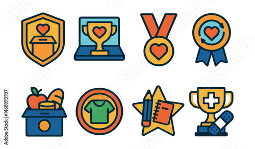 Flat vector icons of charity donations: donation box badge, online fundraising trophy, charity event participation medal, recurring donation subscription ribbon, food drive contribution icon,