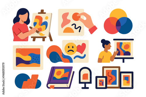 Flat vector icons of exploring abstract art: practicing intuitive painting badge, creating spontaneous compositions badge, working with texture and layering badge, exploring abstract color theories