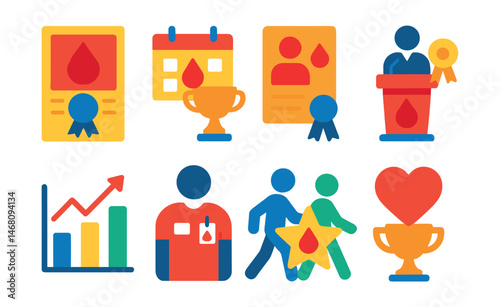 Flat vector icons of donor awareness campaigns: donation poster badge, donation day calendar trophy, donor recruitment flyer medal, public awareness speaker ribbon, donor statistics graph icon,