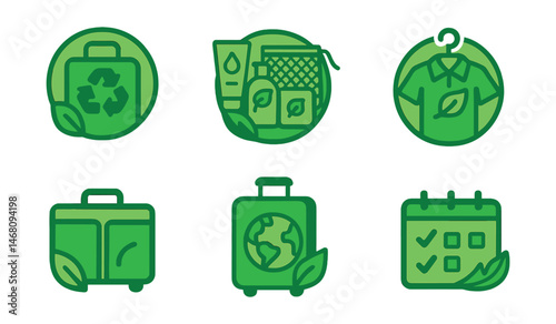 Flat vector icons of green travel essentials: packing reusable travel gear badge, bringing eco toiletry kits badge, using zero-waste travel organizers badge, building sustainable travel wardrobes