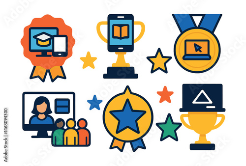 Flat vector icons of education innovation: blended learning badge, mobile education solution trophy, digital literacy project medal, open education resource ribbon, inclusive e-learning platform icon