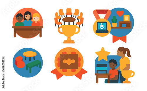 Flat vector icons of inclusive classroom environments: diverse learners at desk badge, inclusive seating arrangement trophy, assistive technology in class medal, student support corner ribbon,