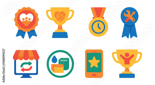 Flat vector icons of local economy innovation: social enterprise badge, cooperative funding model trophy, time banking system medal, community repair café ribbon, local trading platform icon, shared