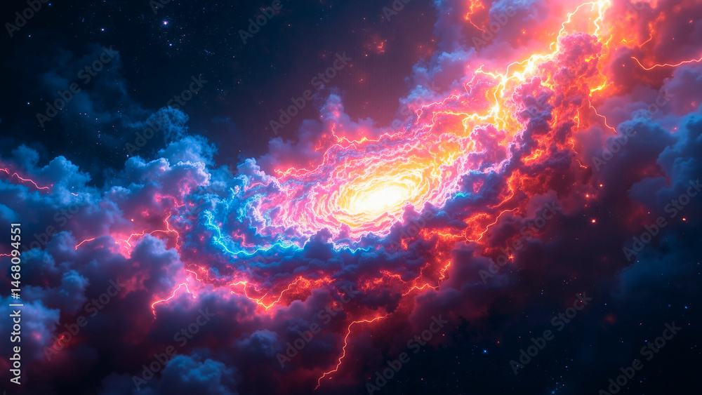Naklejka premium Vibrant Nebula Vortex – Cosmic Energy & Luminous Lightning Display