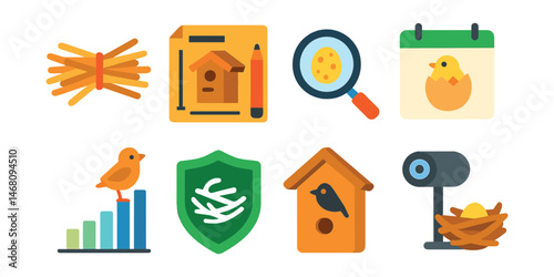 Flat vector icons of bird nesting and breeding: nesting material bundle, nesting box plans, egg observation icon, hatch date tracker, fledgling growth chart, nesting site protection badge,