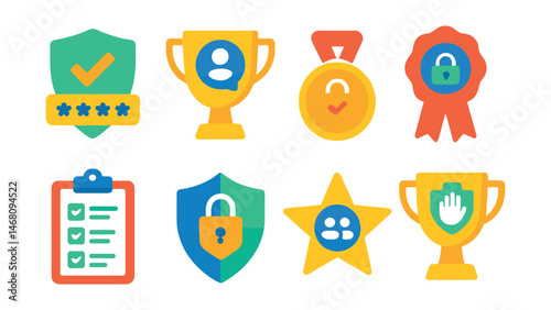 Flat vector icons of digital privacy basics: strong password creation badge, secure profile settings trophy, two-factor authentication medal, private account setup ribbon, data privacy checklist icon