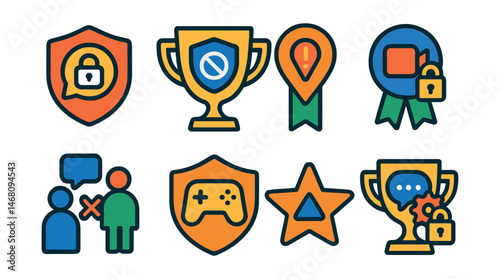 Flat vector icons of safe communication: safe chatting practices badge, direct messaging boundaries trophy, sharing location caution medal, video call privacy ribbon, online friends vs real friends