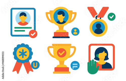 Flat vector icons of managing online identity: profile photo guidelines badge, digital identity awareness trophy, online persona management medal, choosing username wisely ribbon, professional vs