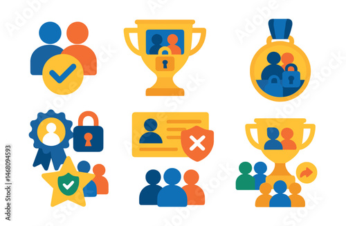 Flat vector icons of protecting friends’ privacy: consent before tagging badge, group photo privacy trophy, respect private moments medal, friend list security settings ribbon, anti-doxxing support