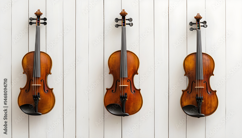 Fototapeta premium violins and their bows are positioned on a white wooden background, accompanied by copy space