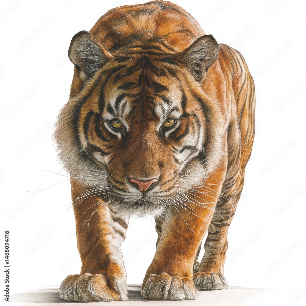 Obraz premium Bengal Tiger Portrait Illustration Walking Towards the Viewer with Intimidating Gaze Art and Wildlife