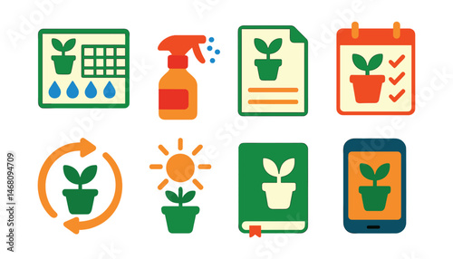 Flat vector icons of plant care routines: weekly watering chart, misting routine card, feeding schedule sheet, monthly pruning checklist, rotation reminder icon, sunlight tracker, plant log notebook,