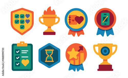 Flat vector icons of healthy habit apps: habit tracker for teens badge, daily goal streaks trophy, gratitude journal app medal, digital detox day planner ribbon, self-care checklist icon, screen time